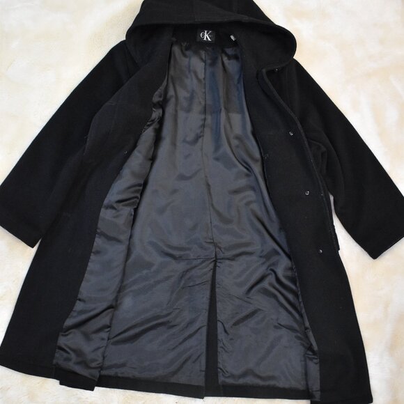 Vintage Calvin Klein Wool Hooded Long Coat Black Size 14 Medium Wool Blend - Picture 9 of 13